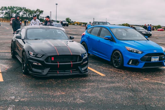Black GT350 and blue Focus RS parked with spectators in the background.