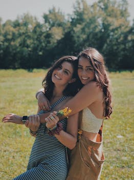 Two smiling sisters embracing in a sunlit park, enjoying a warm summer day together.