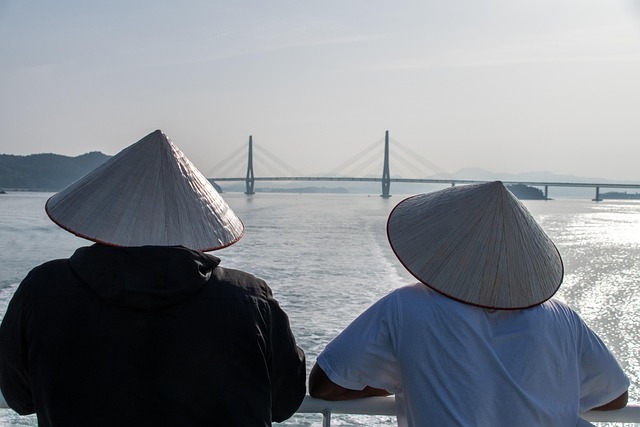 bridge, ship, sea, hats, nature, people