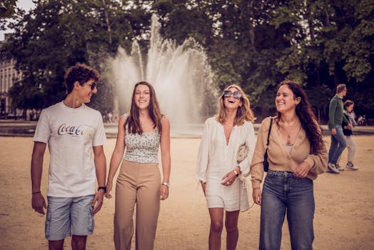 A joyful group of friends walking together near a water fountain in Brussels city park.