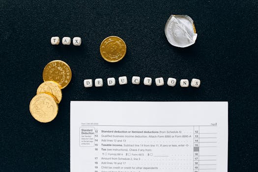 pexels-photo-6863285-6863285 Image of tax deductions concept with coins and tax form on black background.