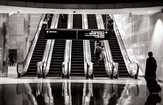 stairs-people-airport-escalators-4610 Travelers on escalators in a modern airport terminal with directional signs overhead.