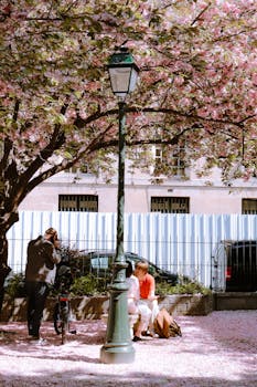 pexels-photo-14448348-14448348 Couple enjoys a spring day under cherry blossoms in a Parisian park.