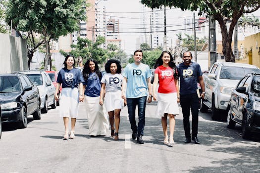 Six adults happily strolling on an urban street, showcasing diversity and unity.