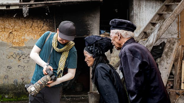 A photographer shares camera details with elderly locals in a Vietnamese village.