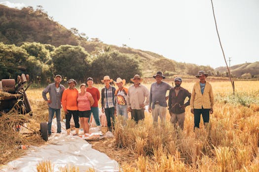 pexels-photo-12026165-12026165 A diverse group of farmers standing together in a sunlit field, showcasing teamwork and agriculture at its finest.