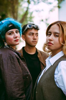 Three young adults with unique styles and diverse looks captured in an outdoor portrait.