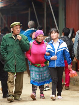 A lively day at Lào Cai market in Vietnam, showcasing local culture and vibrant attire.
