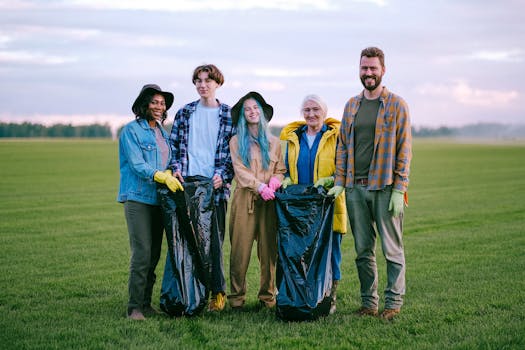 A group of diverse volunteers holding garbage bags while cleaning a green field outdoors.