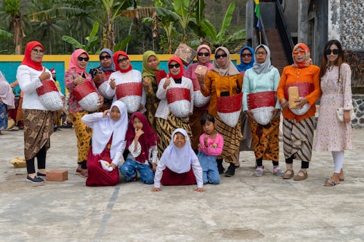 Group of Indonesian people in traditional clothing celebrating a festival in Pacitan, East Java.